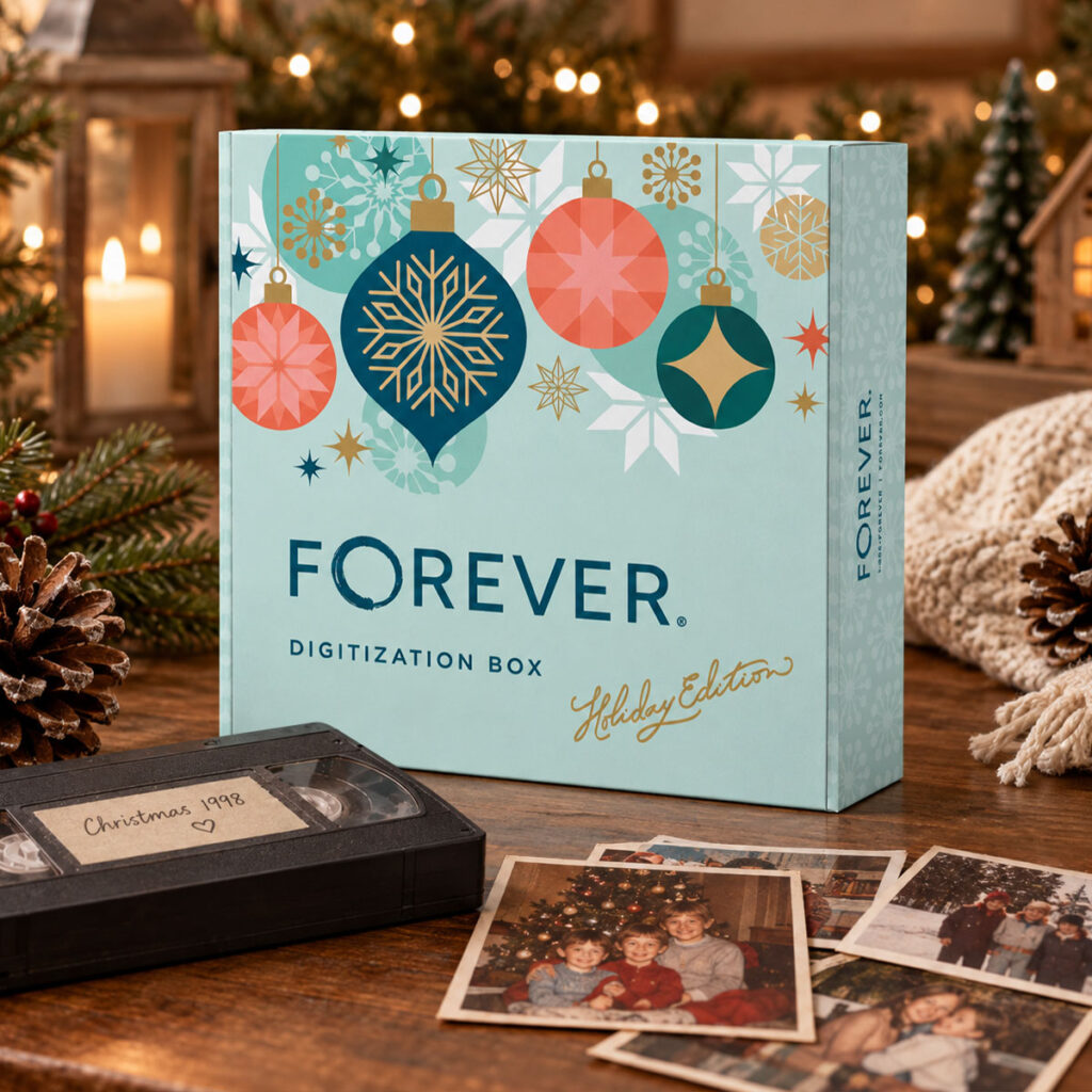 FOREVER Digitization Box Holiday Edition with a Christmas 1998 VHS tape and vintage holiday photos