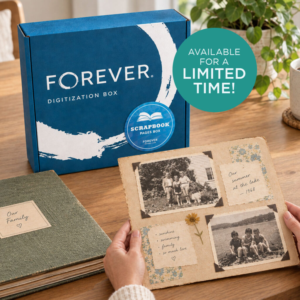 FOREVER Scrapbook Pages Box beside a vintage family scrapbook page from 1968
