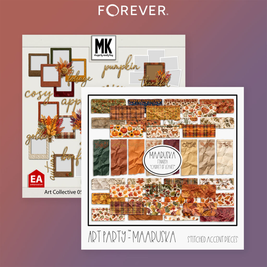 Fall digital scrapbooking kits with frames, word art, and stitched autumn papers