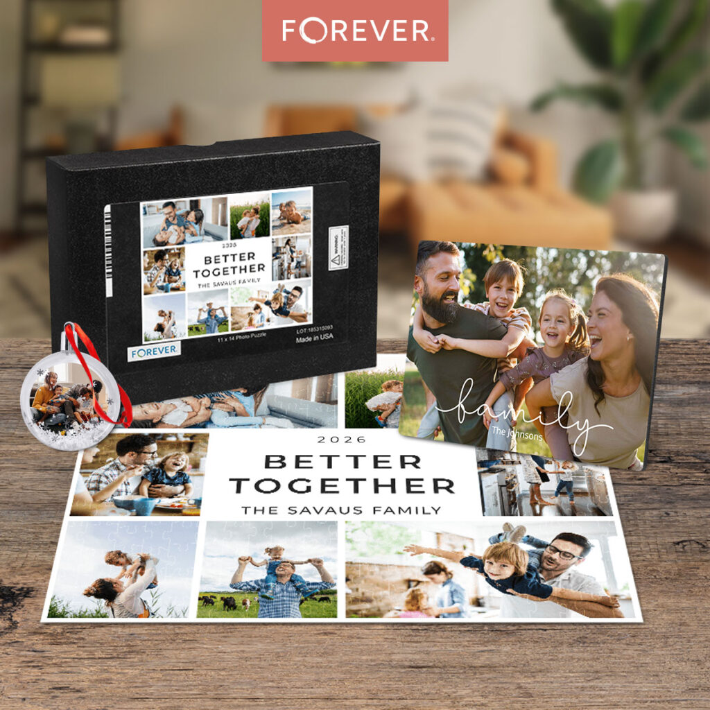 Meaningful photo gifts including a family photo puzzle, tabletop photo panel, and snow globe ornament